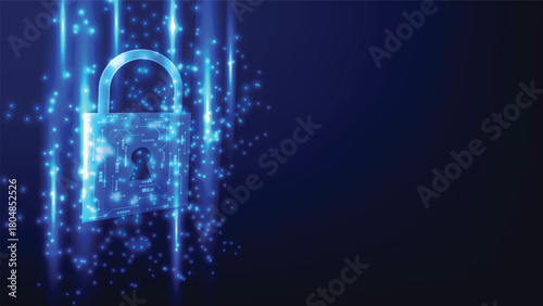 cyber security and hacking prevention. digital padlock with futuristic glowing light on blue background with copy space