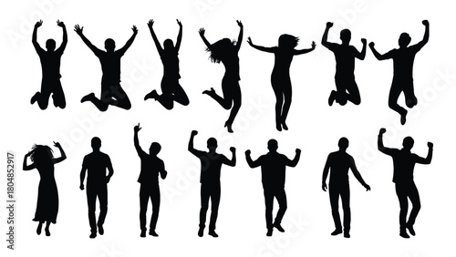 Energetic people jumping and celebrating silhouettes isolated on white background, Vector