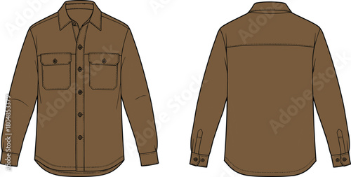 Brown button up shirt, long sleeve fashion top, classic collar design, chest pockets with flaps, casual formal apparel, garment construction sketch