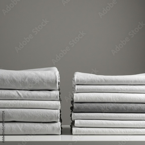 Pristine, freshly laundered fabrics meticulously folded and perfectly stacked, embodying a clean, orderly, and refreshing domestic scene ,bright ,smooth ,soft
