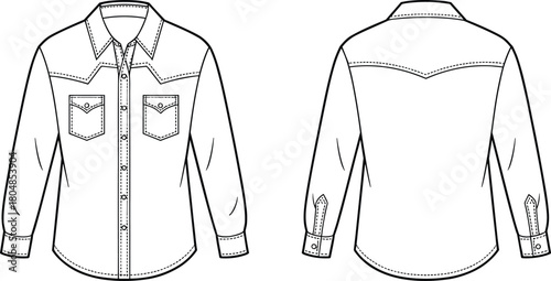 Button-up shirt technical sketch, front and back view, chest pockets, pointed collar, western yoke, fashion flat drawing, garment design