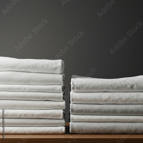 Pristine, freshly laundered fabrics meticulously folded and perfectly stacked, embodying a clean, orderly, and refreshing domestic scene ,domestic ,tidy ,simple