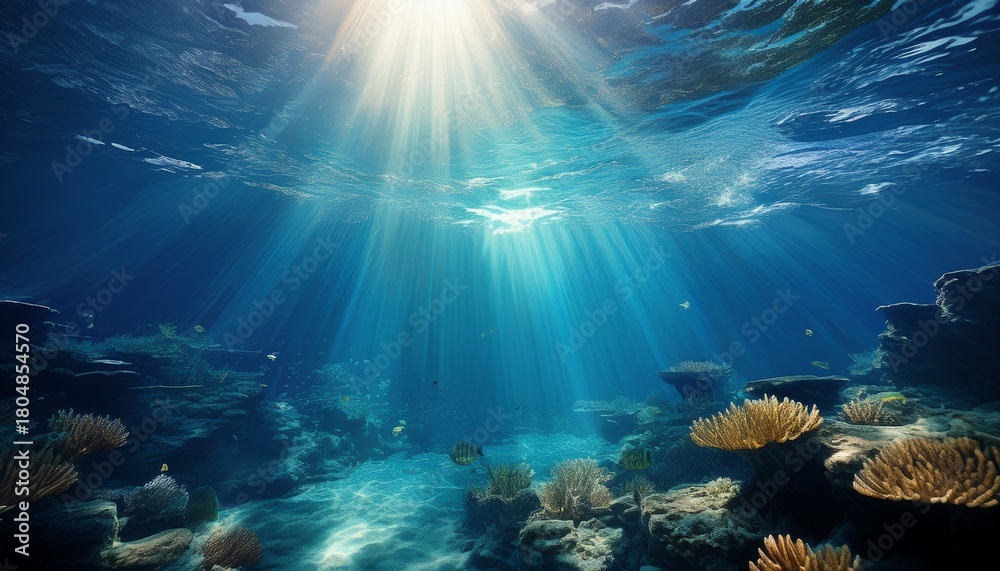 Fototapeta premium underwater sunbeams piercing the deep blue ocean water