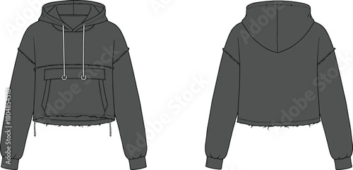 Cropped hoodie sketch, raw hemline fashion design, drawstring hood template, kangaroo pocket apparel, casual streetwear, garment construction, clothing flat illustration