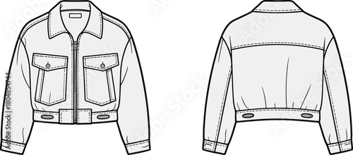 Cropped jacket flat sketch, fashion design template, apparel illustration, front and back view, collared neckline, flap pockets, zipper closure, garment construction