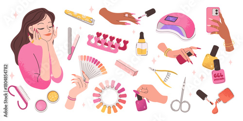 Manicured nails, tools and accessories for nail salons and manicures. Women's hand hygiene