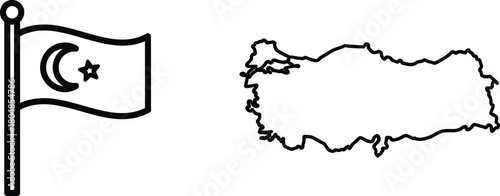 Outline of Turkey map with turkish flag featuring a crescent moon and star on white background representing national identity and geography
