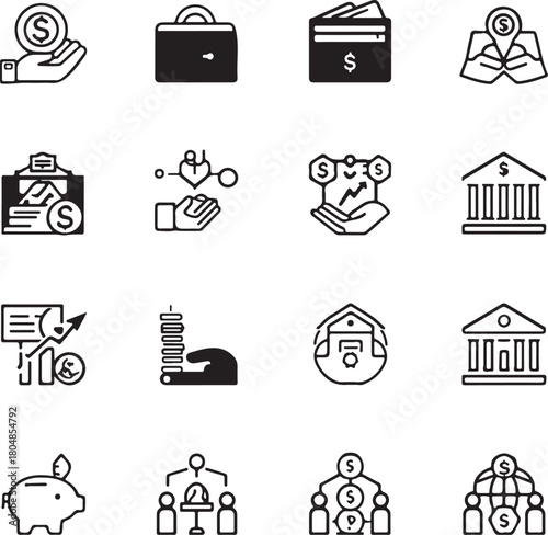 Vector business and finance editable stroke line icon set with money, bank, check, law, auction, exchance,
