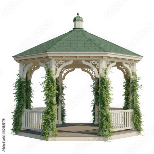 White ornate gazebo with green roof and ivy climbing the columns isolated on transparent background