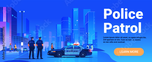 Police patrol urban cityscape officers police car skyscrapers pedestrians street lights modern downtown blue gradient background website banner
