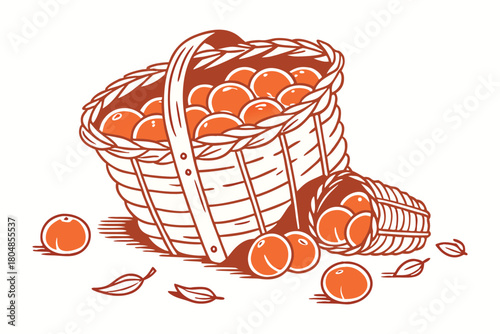 A rustic woven basket overflowing with ripe oranges and scattered leaves on a white background