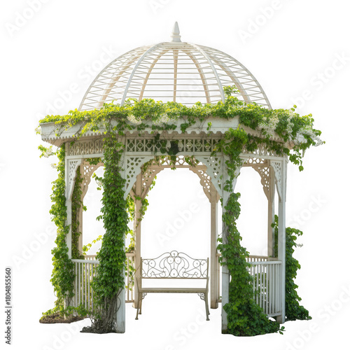 Elegant white gazebo covered in lush green ivy with a bench inside isolated on transparent background