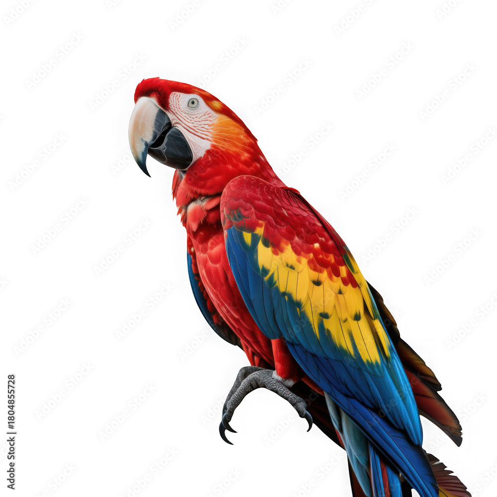 Naklejka premium Scarlet macaw parrot on isolated white background, vibrant colors, side profile isolated on transparent background