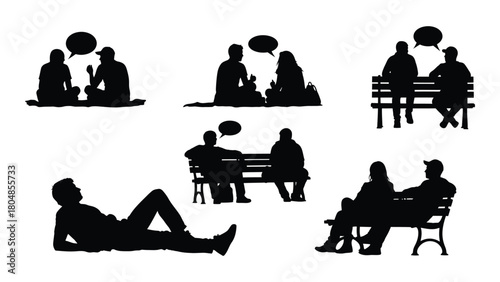 Social conversation silhouettes with speech bubbles isolated on white background, Vector