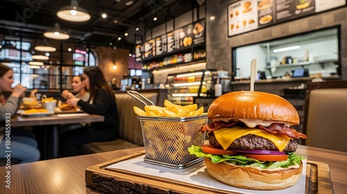 Close-up of Delicious Stacked Burger and Fried Potatoes with Customers Dining in Background