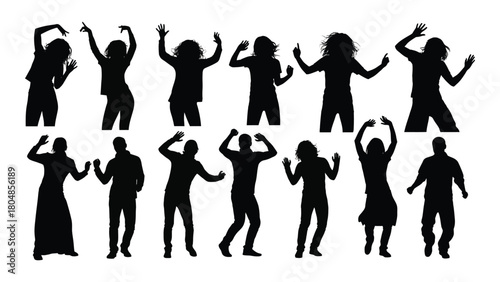 Diverse group of dancing people silhouettes isolated on white background, Vector