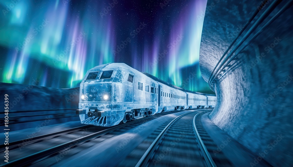 Naklejka premium A glowing train travels beneath the shining northern lights as vibrant aurora colors fill the icy tunnel, creating a dramatic winter journey filled with motion and surreal frozen beauty