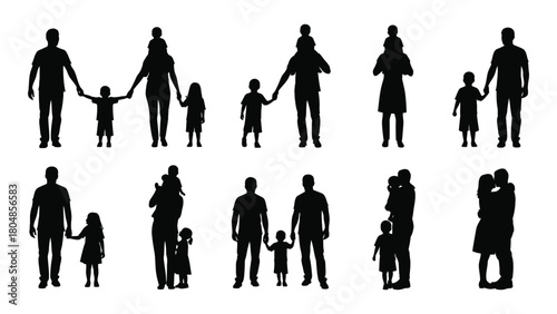 Family and couple silhouettes collection isolated on white background, Vector