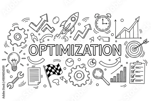 Business optimization concept with icons of rocket, gear, lightbulb, and graphs