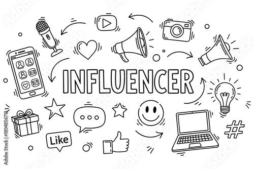 Social media influencer icons sketch with communicative elements and digital symbols