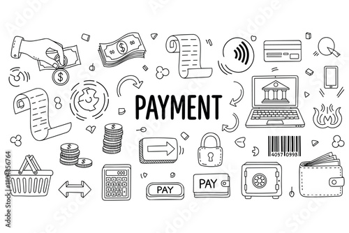 Hand-drawn payment icons: cash, cards, digital transactions, security elements