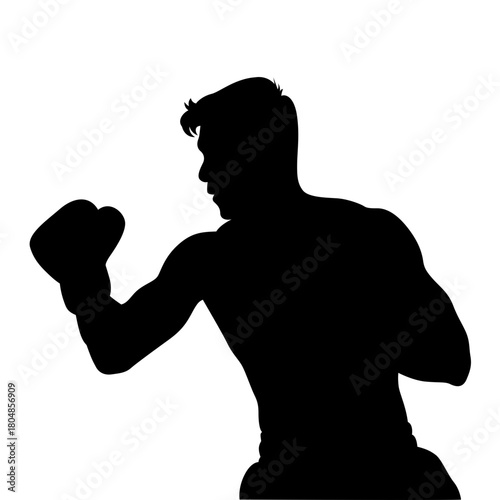 Silhouette of a male boxer in a fighting stance with boxing gloves against a white background
