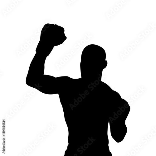 Silhouette of a muscular boxer raising his gloved fists in victory against a white background