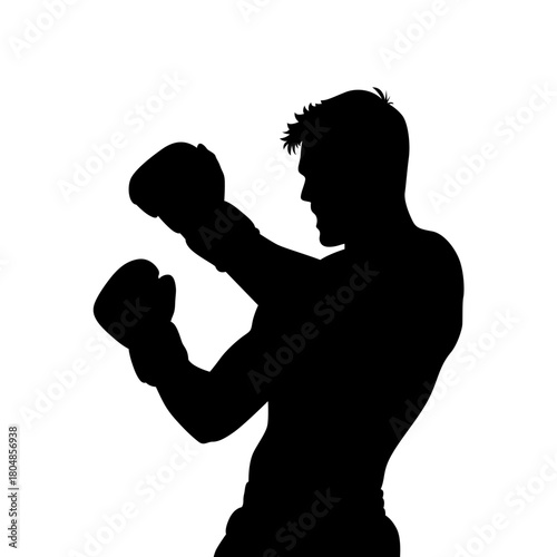 Silhouette of a male boxer in fighting stance with gloves on a white background