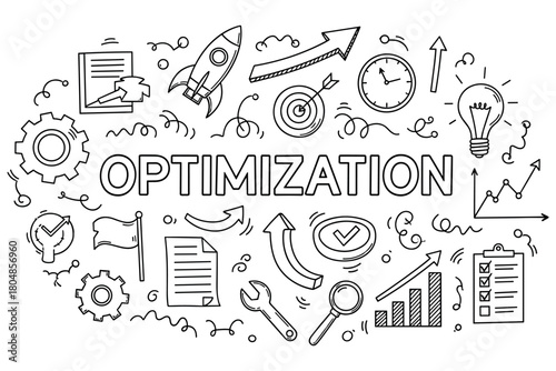 Hand-drawn business optimization concept with charts and tools