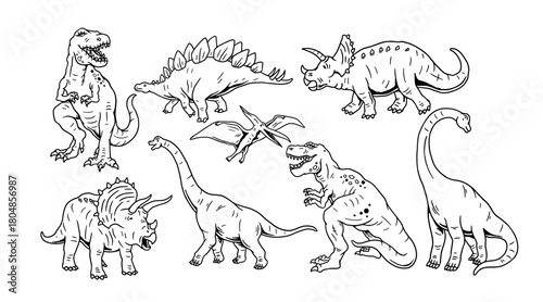 Hand-drawn dinosaur vector set featuring T-rex, Triceratops, Stegosaurus, Brachiosaurus, and pterodactyl illustrations. Perfect for kids' designs, stickers, posters, and other projects.