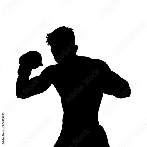 Silhouette of a muscular boxer in a fighting stance against a white background
