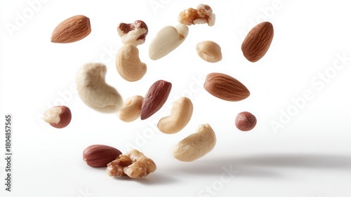 Mix of different raw nuts falling and laying a plain surface, showcasing a variety of healthy, fresh and ingredients natural