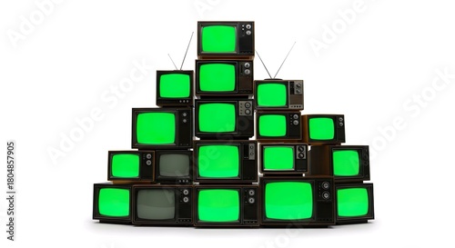 Vintage TV Installation With Green Screens On White Background