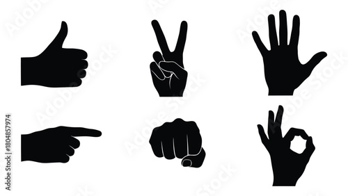 Diverse hand gesture silhouettes isolated on white background, Vector