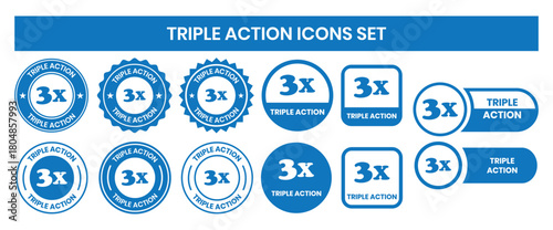 Triple Action - vector label for packaging label design. Triple Action sign, logo, badge, icon, sticker, label, emblem, stamp, symbol, black, line, flat vector, isolated illustration.