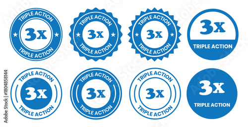 Triple Action - vector label for packaging label design. Triple Action sign, logo, badge, icon, sticker, label, emblem, stamp, symbol, black, line, flat vector, isolated illustration.