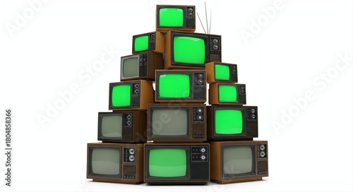 Vintage TV Installation With Green Screens On White Background