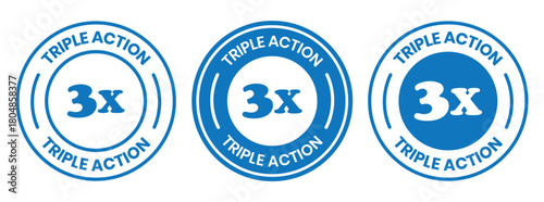 Triple Action - vector label for packaging label design. Triple Action sign, logo, badge, icon, sticker, label, emblem, stamp, symbol, black, line, flat vector, isolated illustration.