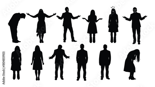Diverse human silhouettes expressing various emotions and actions isolated on white background, Vector