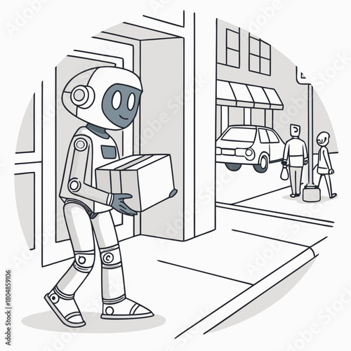 Robot delivering a package to a house in the city, black and white