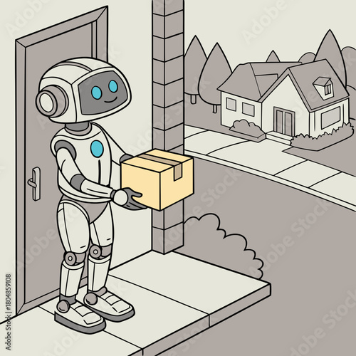 Robot delivering a package to a house in the suburbs, color illustration