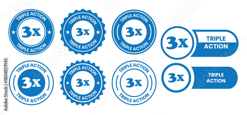 Triple Action - vector label for packaging label design. Triple Action sign, logo, badge, icon, sticker, label, emblem, stamp, symbol, black, line, flat vector, isolated illustration.