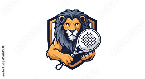 Dynamic vector illustration of a powerful lion mascot holding a padel racket in a shield, perfect for sports team logos and competitive athletic branding