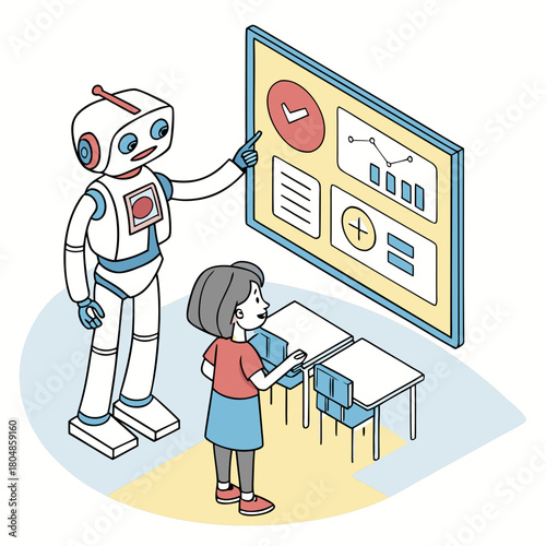 Robot teacher explaining data to student isolated on
