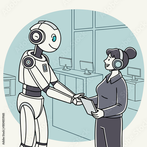 Robot and human shaking hands in office, teamwork and collaboration concept