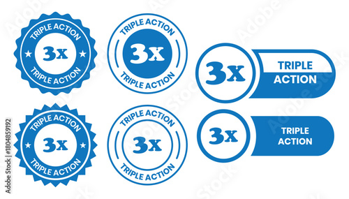 Triple Action - vector label for packaging label design. Triple Action sign, logo, badge, icon, sticker, label, emblem, stamp, symbol, black, line, flat vector, isolated illustration.