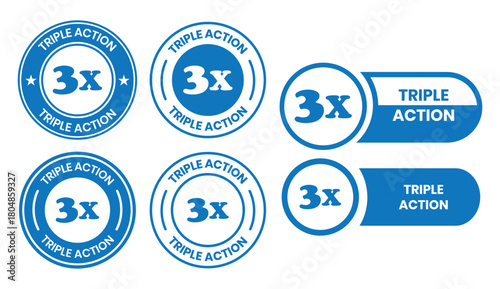 Triple Action - vector label for packaging label design. Triple Action sign, logo, badge, icon, sticker, label, emblem, stamp, symbol, black, line, flat vector, isolated illustration.