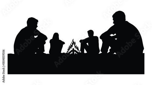 People around campfire silhouette isolated on white background, Vector