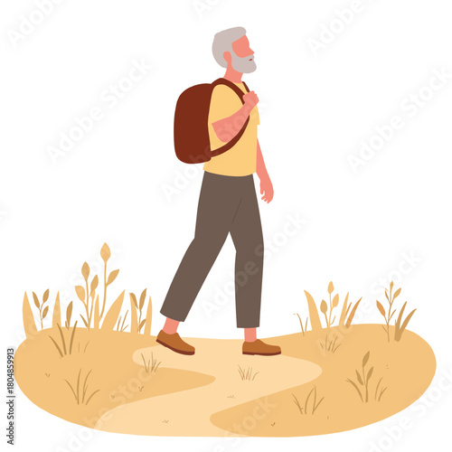 Elderly man on nature walk. Senior hiking in forest. Older person enjoying outdoors. Elderly man walking in rain. Elderly set