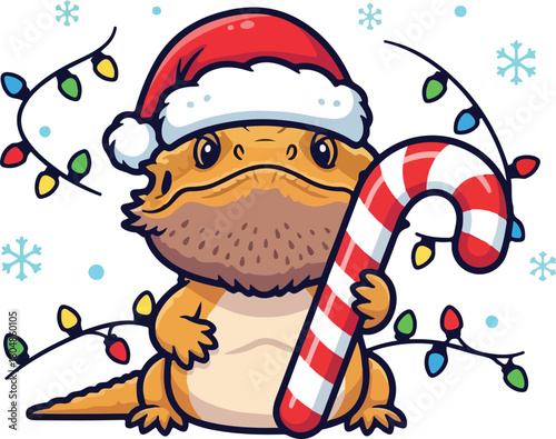 Adorable Bearded Dragon Lizard Wearing Santa Hat and Holding Candy Cane with Christmas Lights